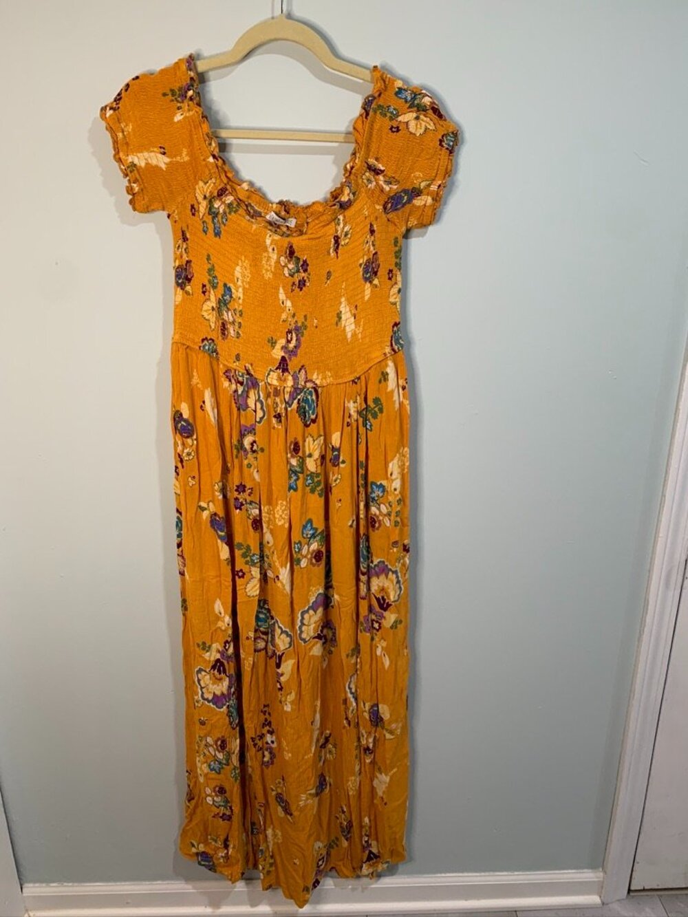 Patrons of Peace Mustard Floral Maxi Dress Size L Boho Off Shoulder Smocked